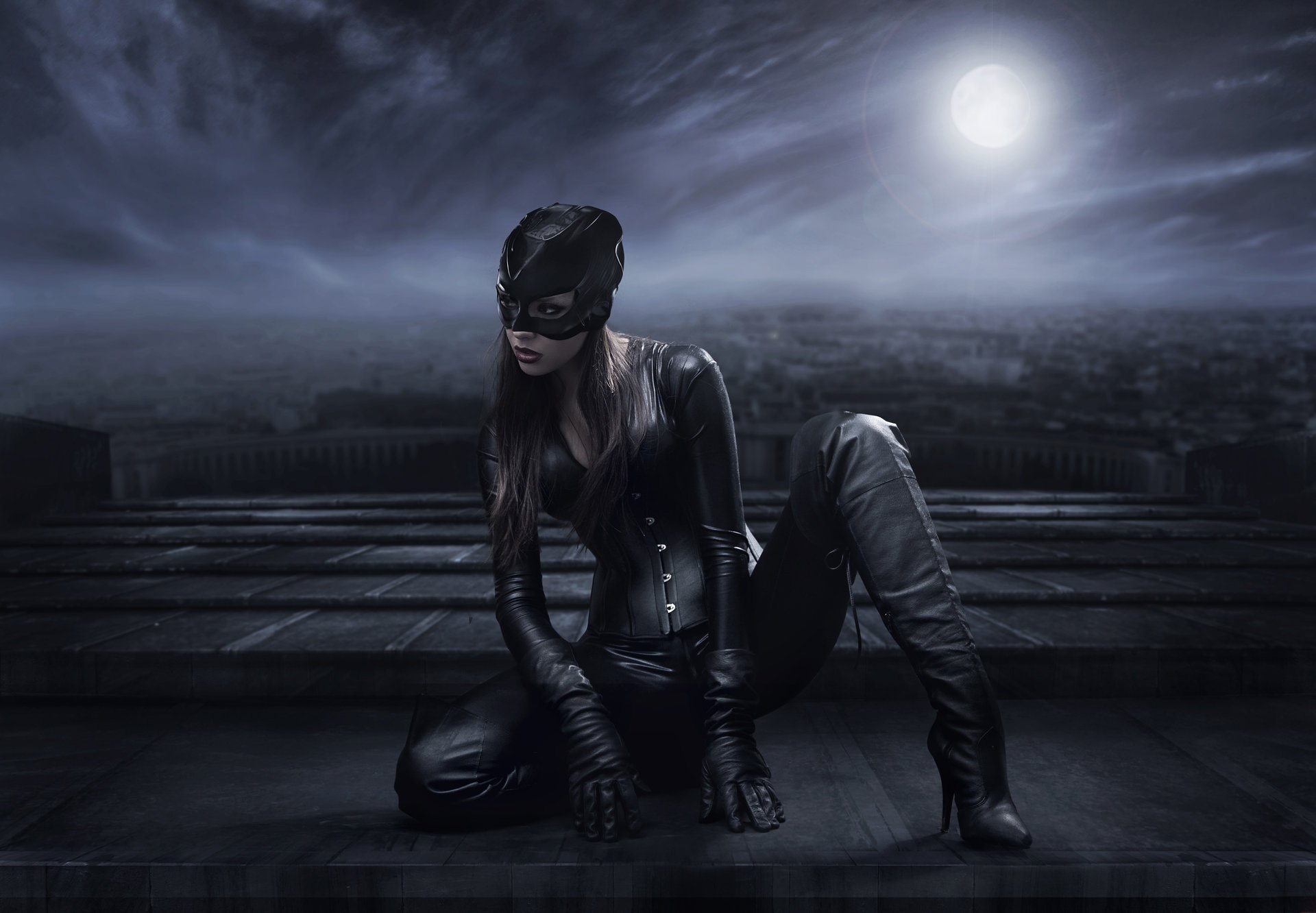 catwoman girl view . eyelashes mask suit pose boot