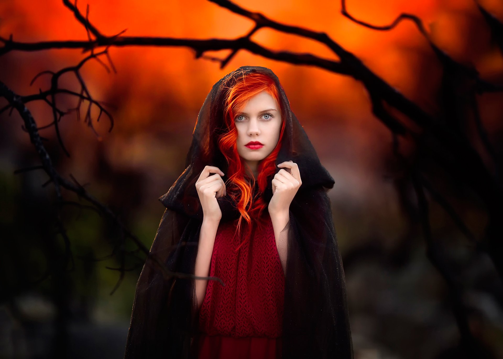 red hair hood portrait make-up sunset