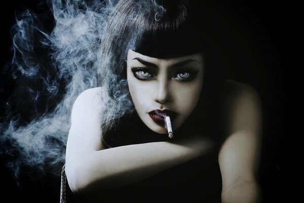 Smoking model girl in the dark