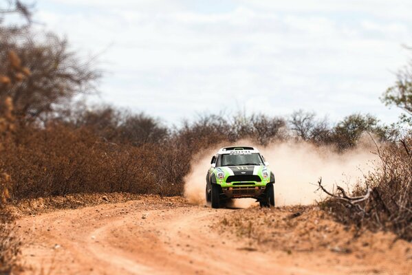 Auto vert mini Cooper sur rallye x-raid