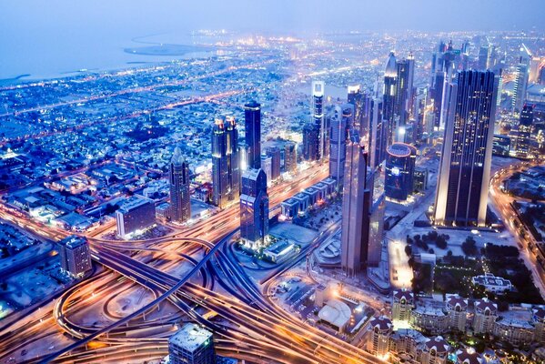 City lights at sunset from a height