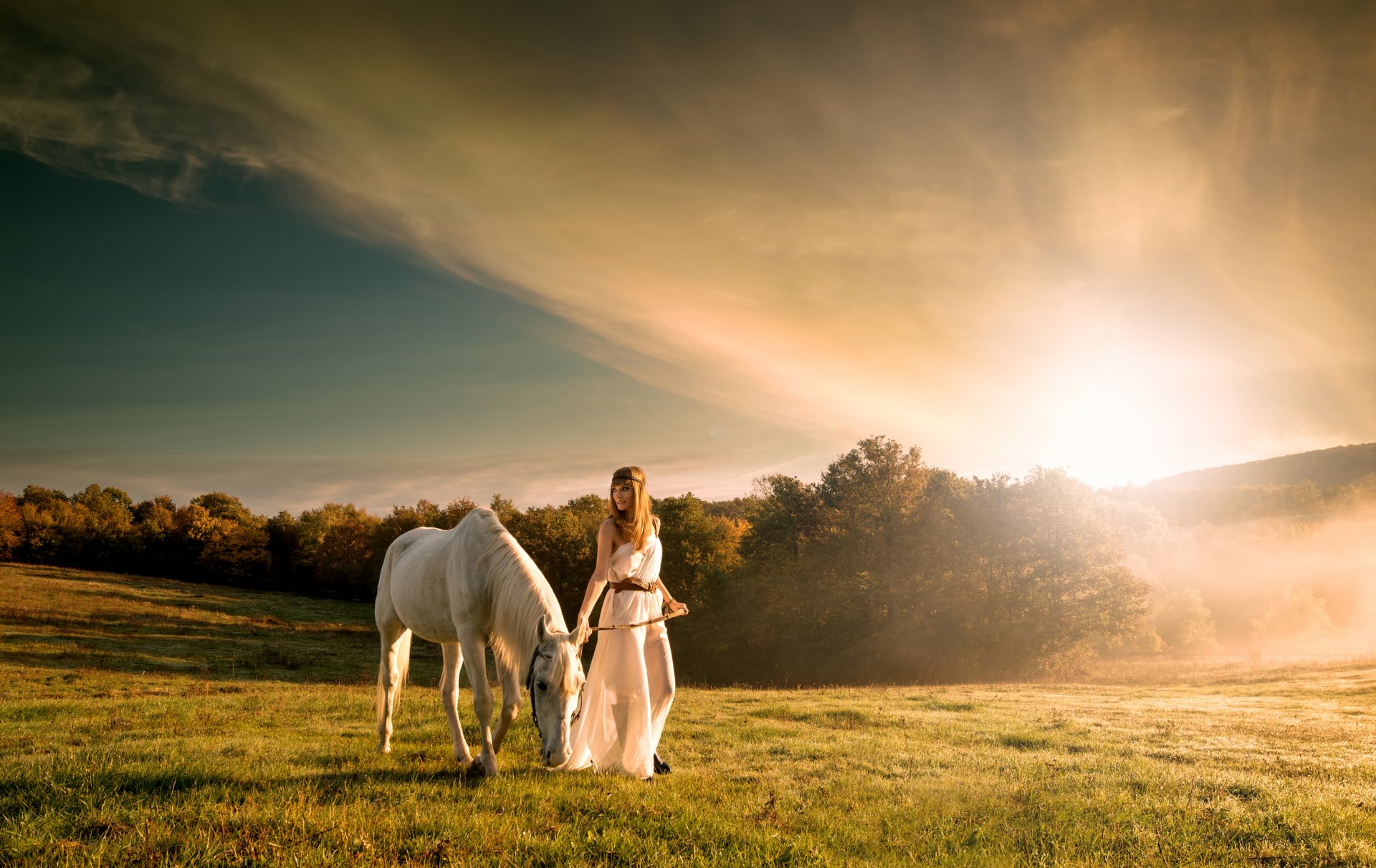 girl horse bush the field grass sky