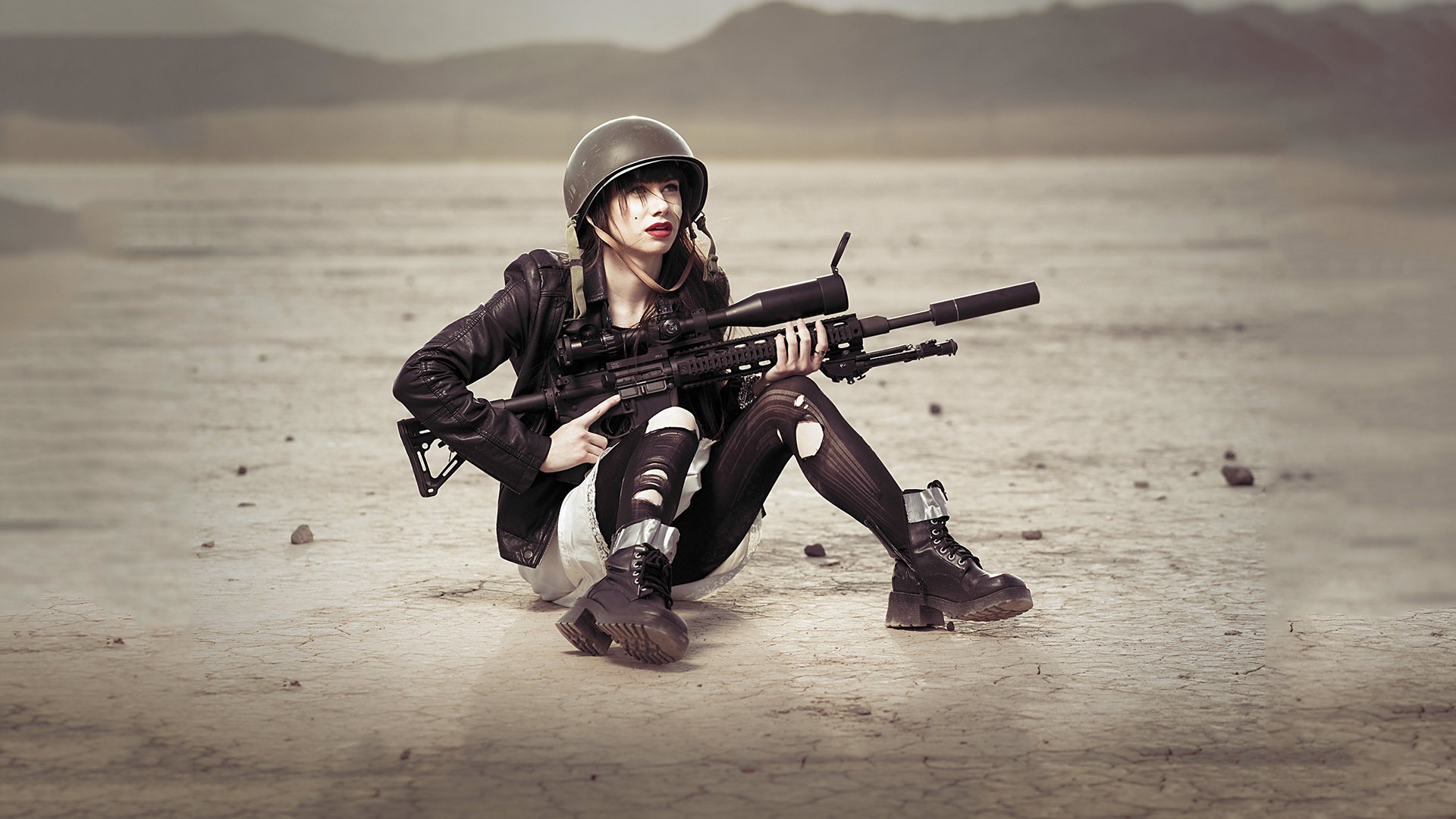 girl brunette weapon sniper sight helmet stockings the field