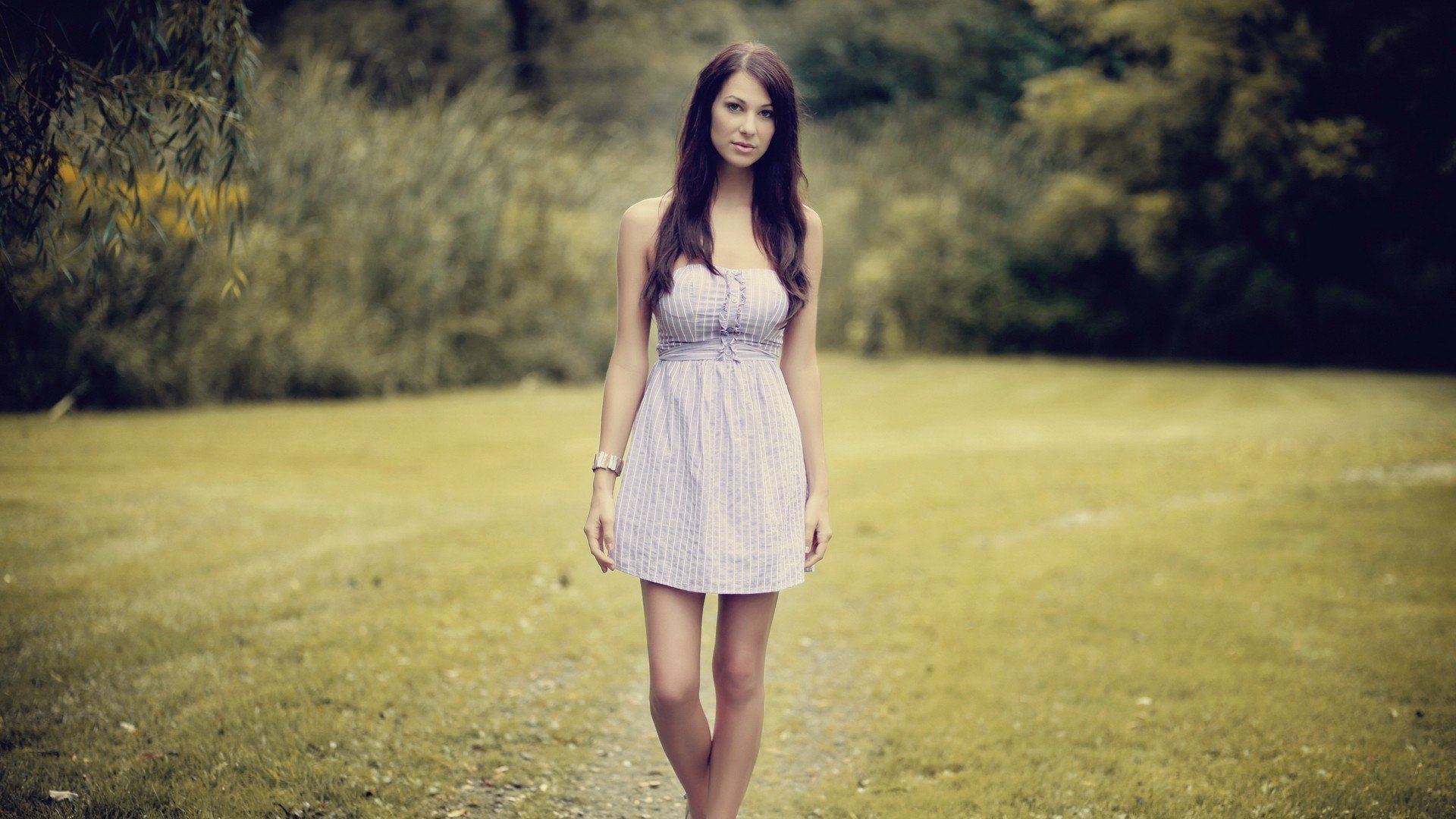 girl brunette dress feet pose view nature