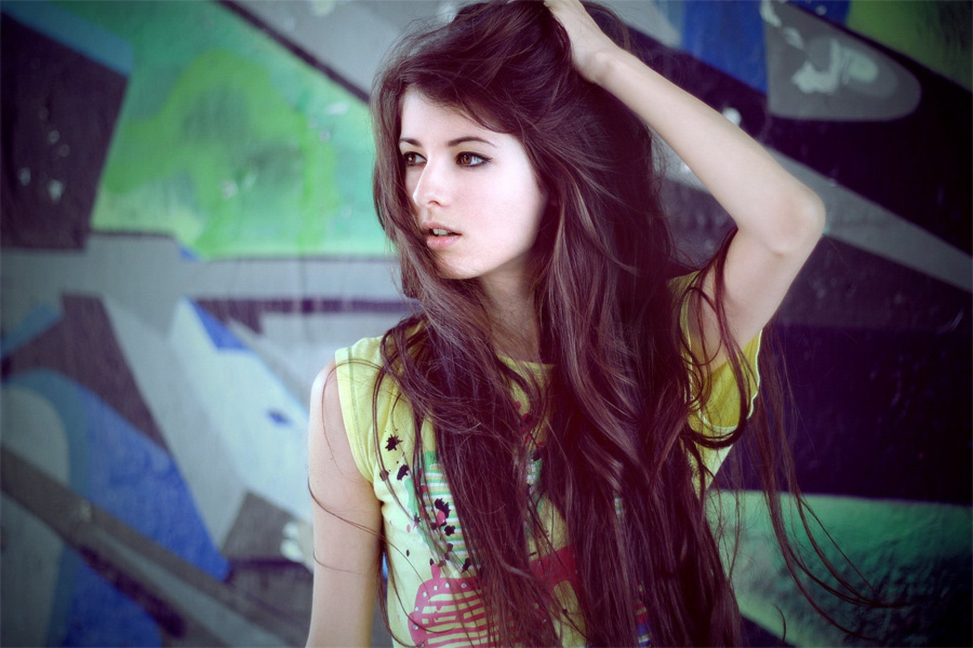 girl model background graffiti view brown hair