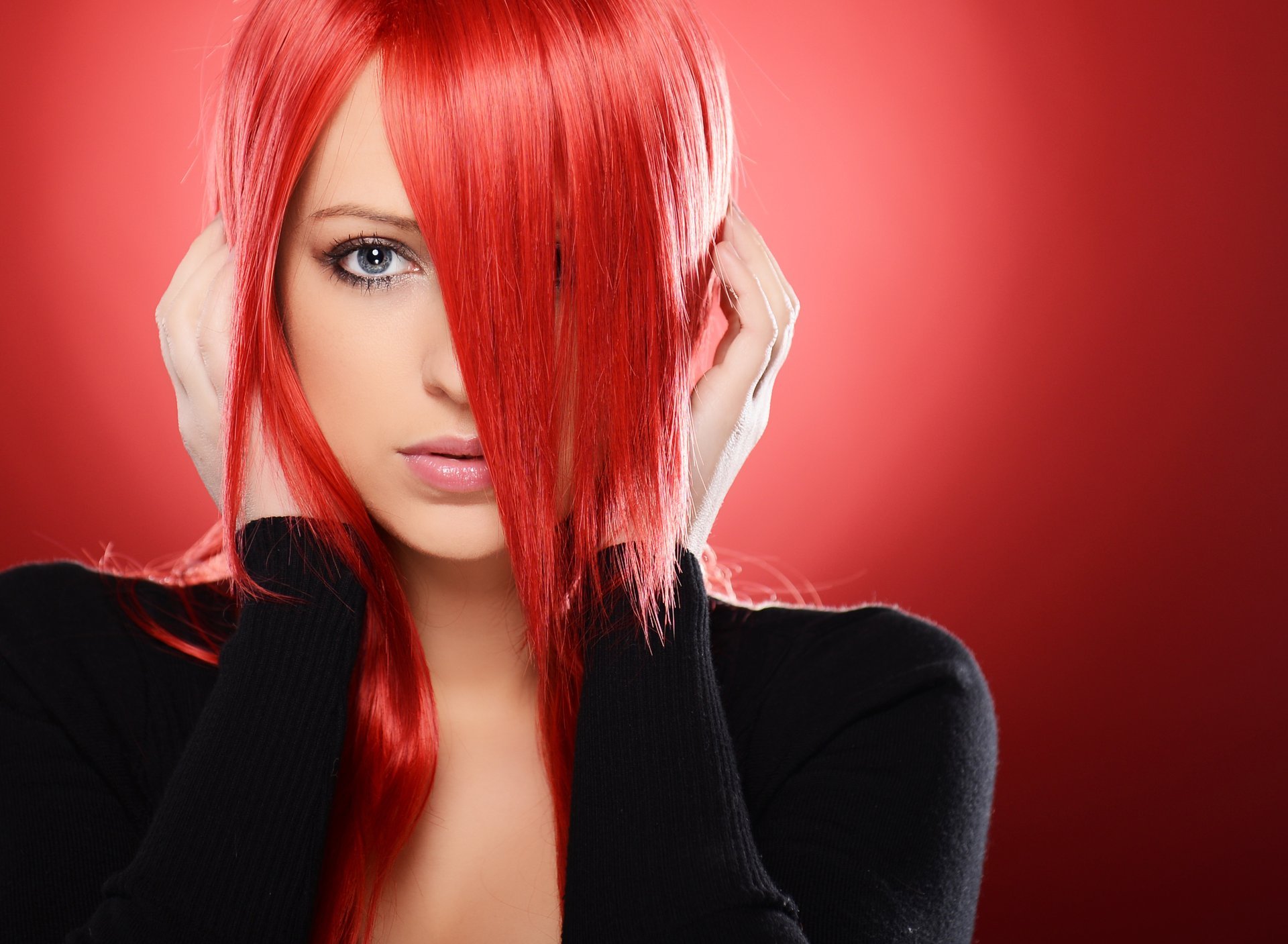 girl red hair view face hands background