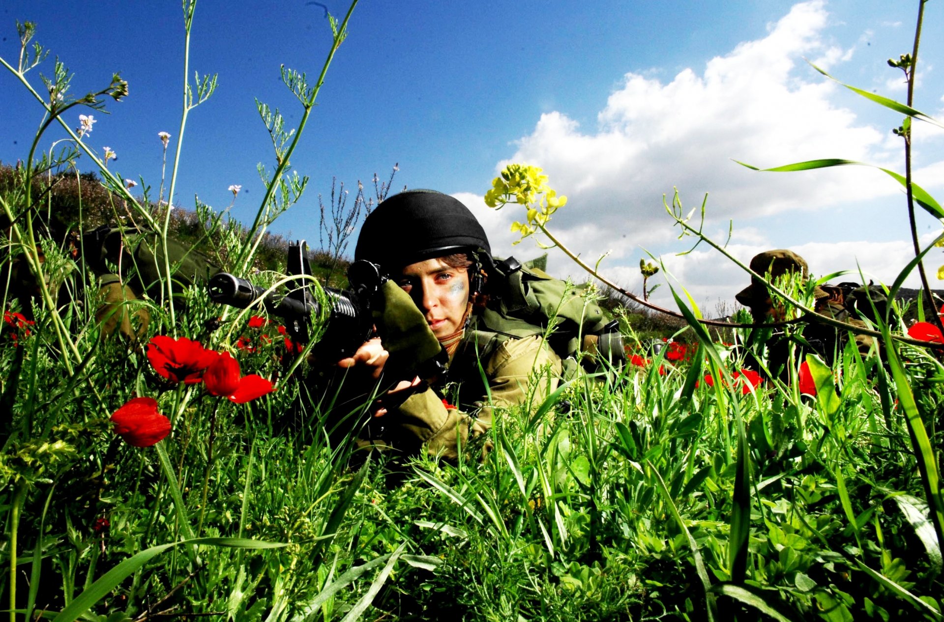 grass flower poppies girl men uniforms coloring weapon sky cloud