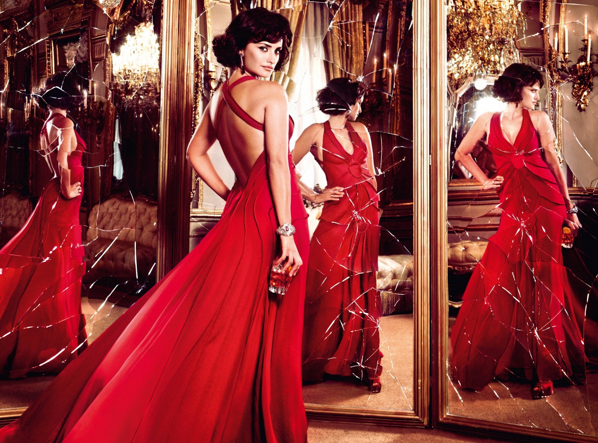 penelope cruz brunette actress campari advertising glass red dress mirror candles reflection