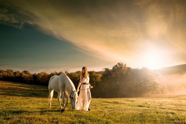 A girl with a white horse in a field