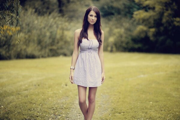 Brunette en robe blanche dans la nature