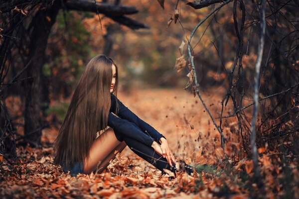 The brunette is sitting in the autumn forest