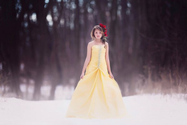 Ragazza in bel vestito giallo su sfondo foresta