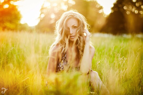 Schöne Blondine auf dem Rasen im Feld