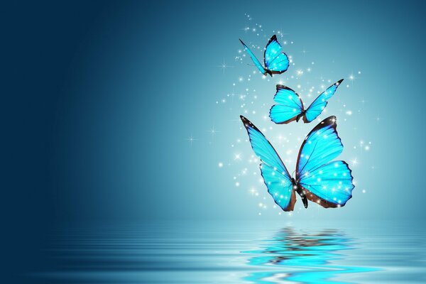 Sparkling blue butterflies with a black rim fly over the water, reflecting in it