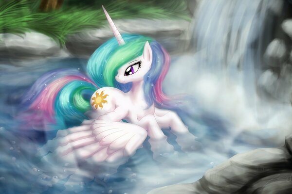 Pony Celestia bathes in a waterfall