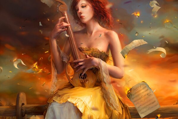 Stylish girl with a musical instrument on the background of flying notes