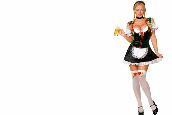 A girl in a waitress costume with a beer