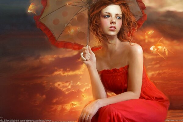 Fille en rouge sous la pluie