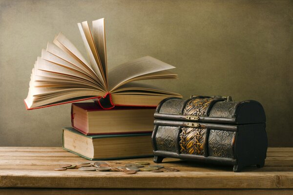 Vintage chest and book on the table