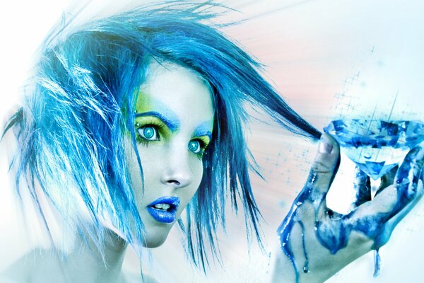 A girl with blue hair holds a crystal in her hand