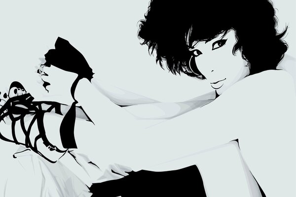 Black and white drawing of a girl in stilettos