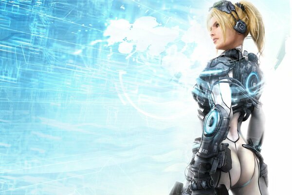 3d blonde girl from the future, in armor and with weapons