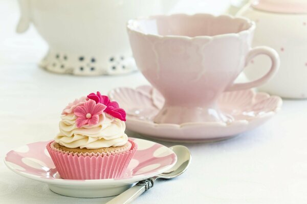 Kuchen auf einer Untertasse, Dessert, Kuchen mit Sahne