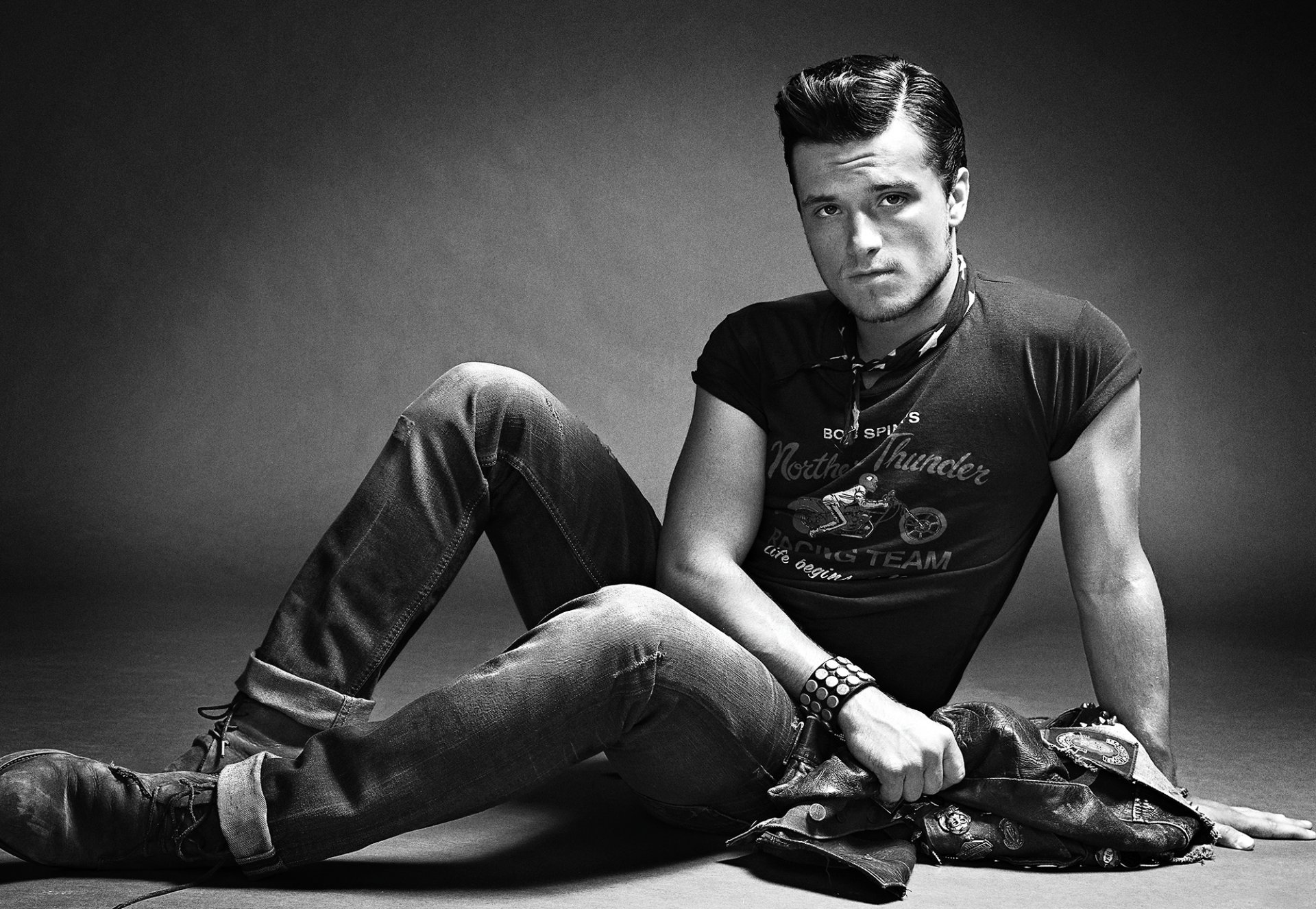 josh hutcherson actor sitting on the floor t-shirt jeans jacket photoshoot magazine out photo black and white nino munoz