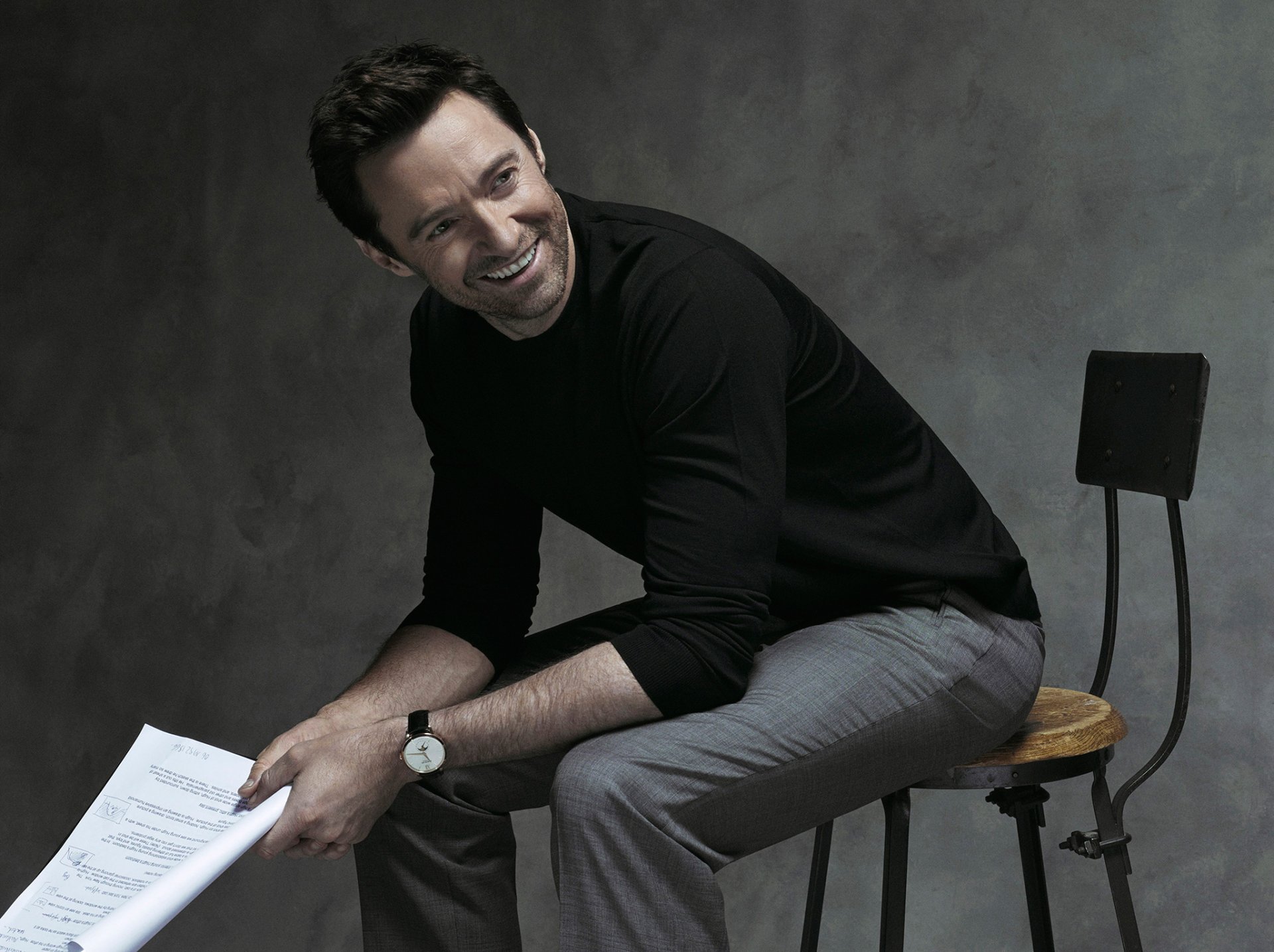 hugh jackman actor smile chair photoshoot montblanc brand advertising photos gilles-marie zimmermann