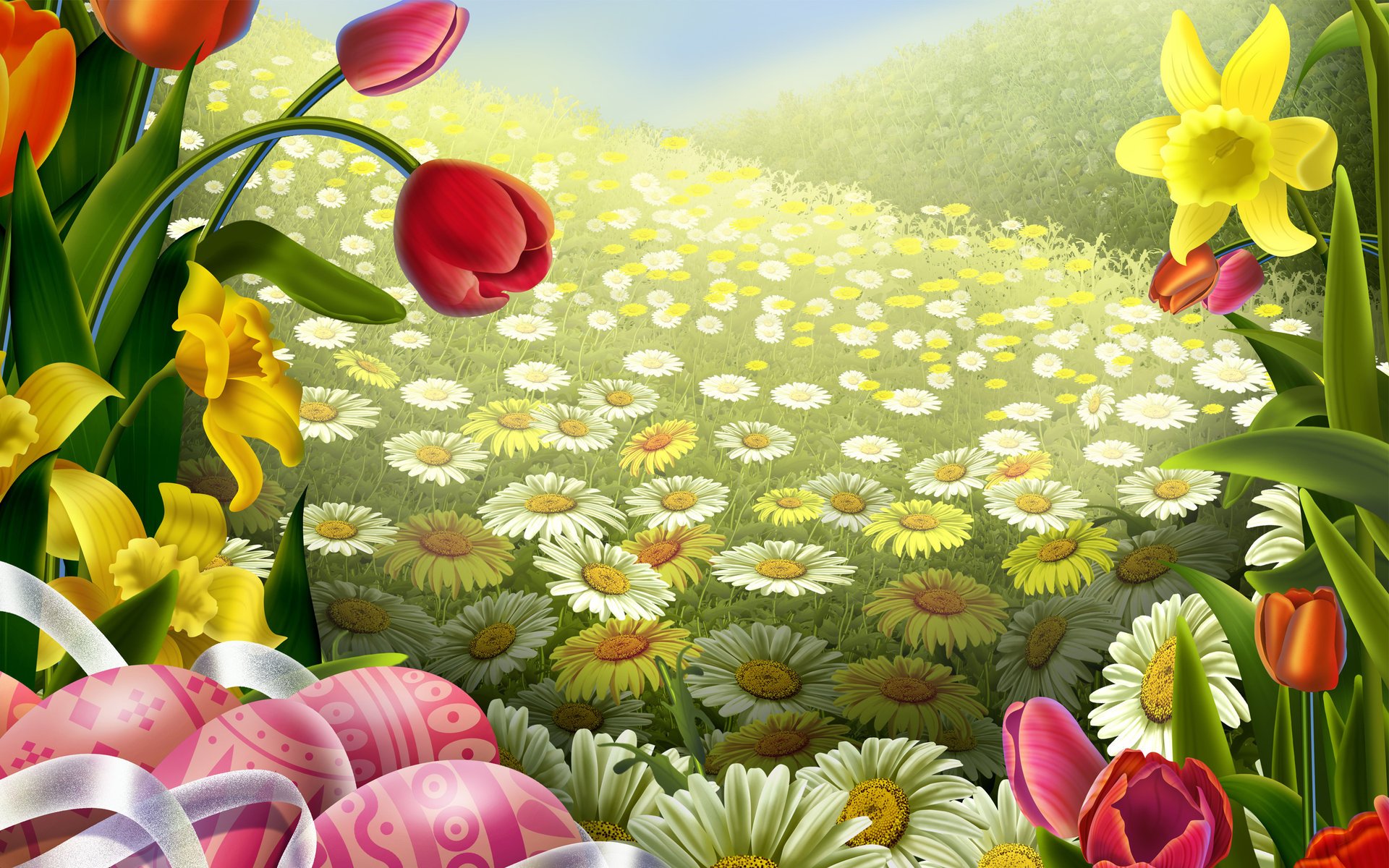 chamomile tulips easter eggs field