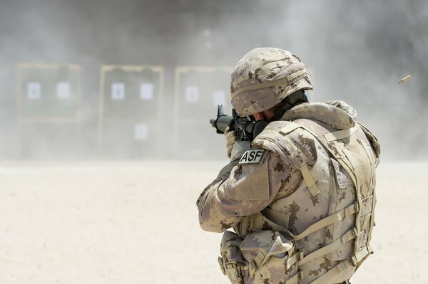 A soldier shoots at targets in training