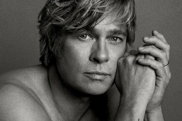 Black and white portrait of Brad Pitt