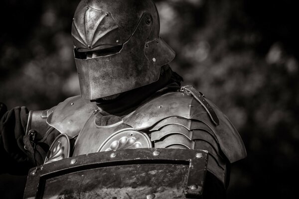 Ein Krieger in Rüstung, der einen Helm mit Schild trägt