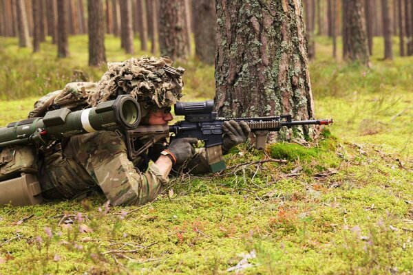 Armée danoise et soldat avec des armes dans la forêt