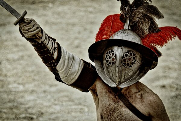 Greeting of a gladiator in helmet and armor