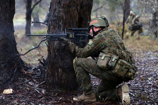 Soldat vise Z-derrière l arbre assis