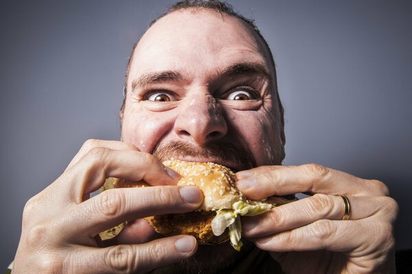 Greedily eats food on a gray background