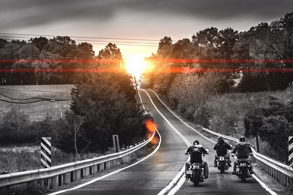 Bikers on the highway. Earlier in the morning