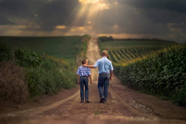 Marcher à travers les champs agricoles fils et père