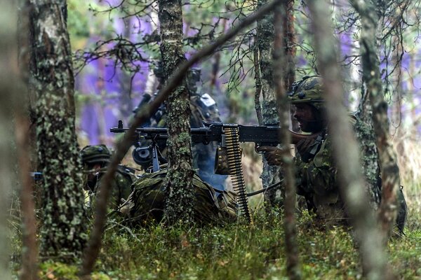 The soldier hid behind the trees with a weapon