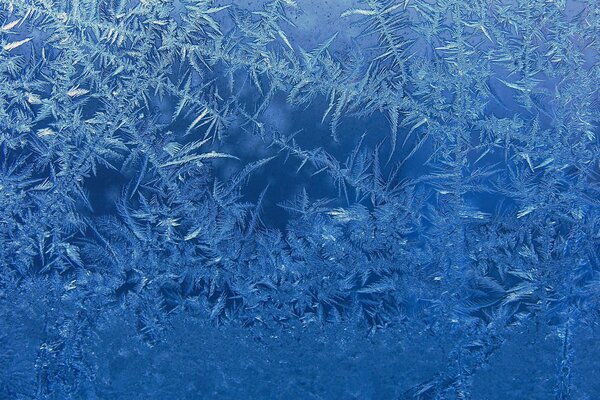 Blaues eisiges Muster auf Glas