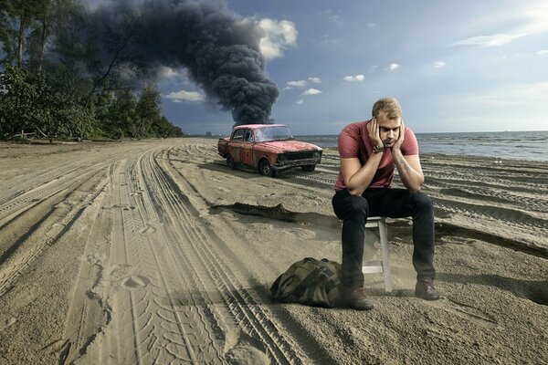 Smoking car on the seashore