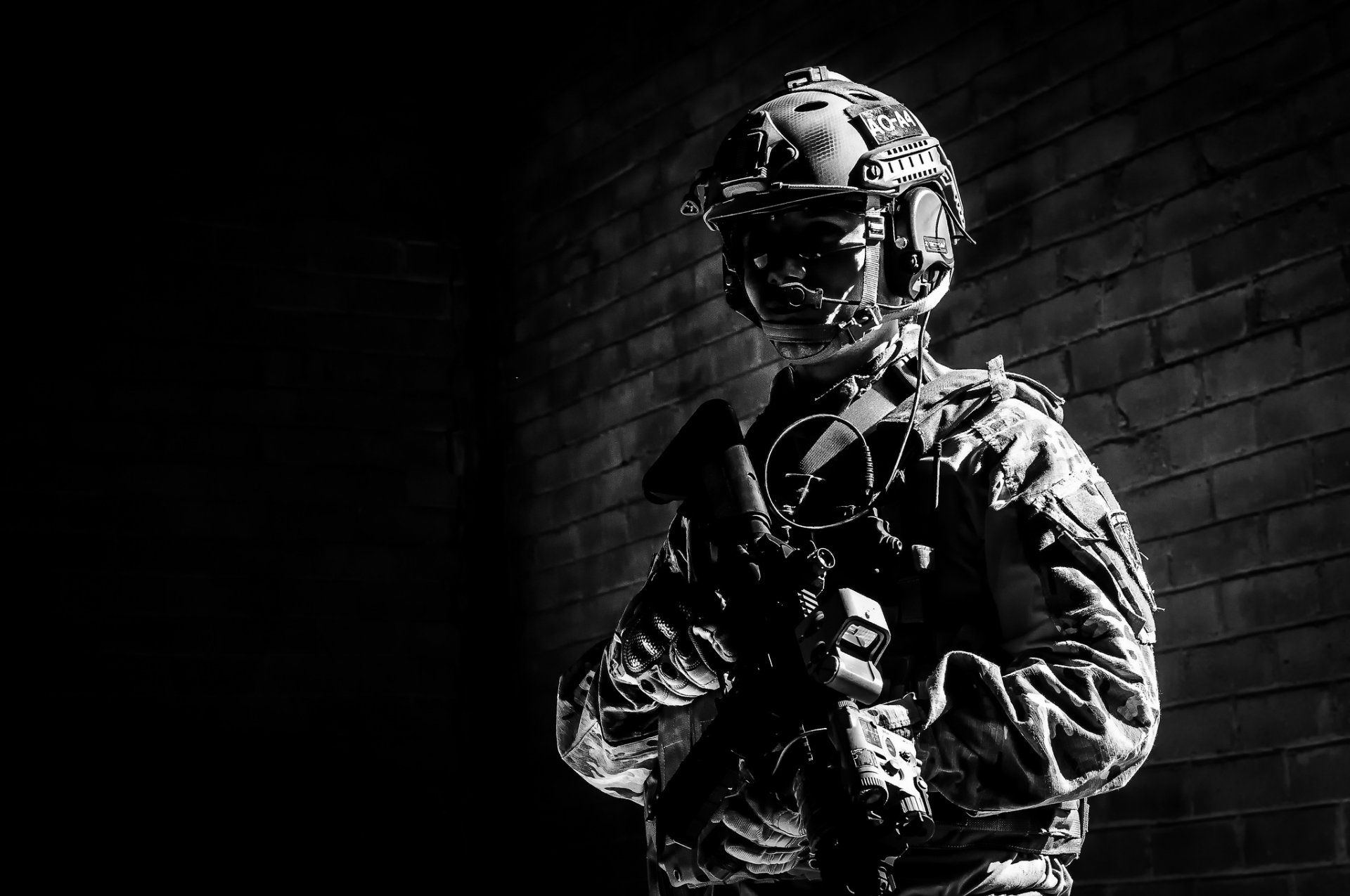 oldier man equipment weapons black and white