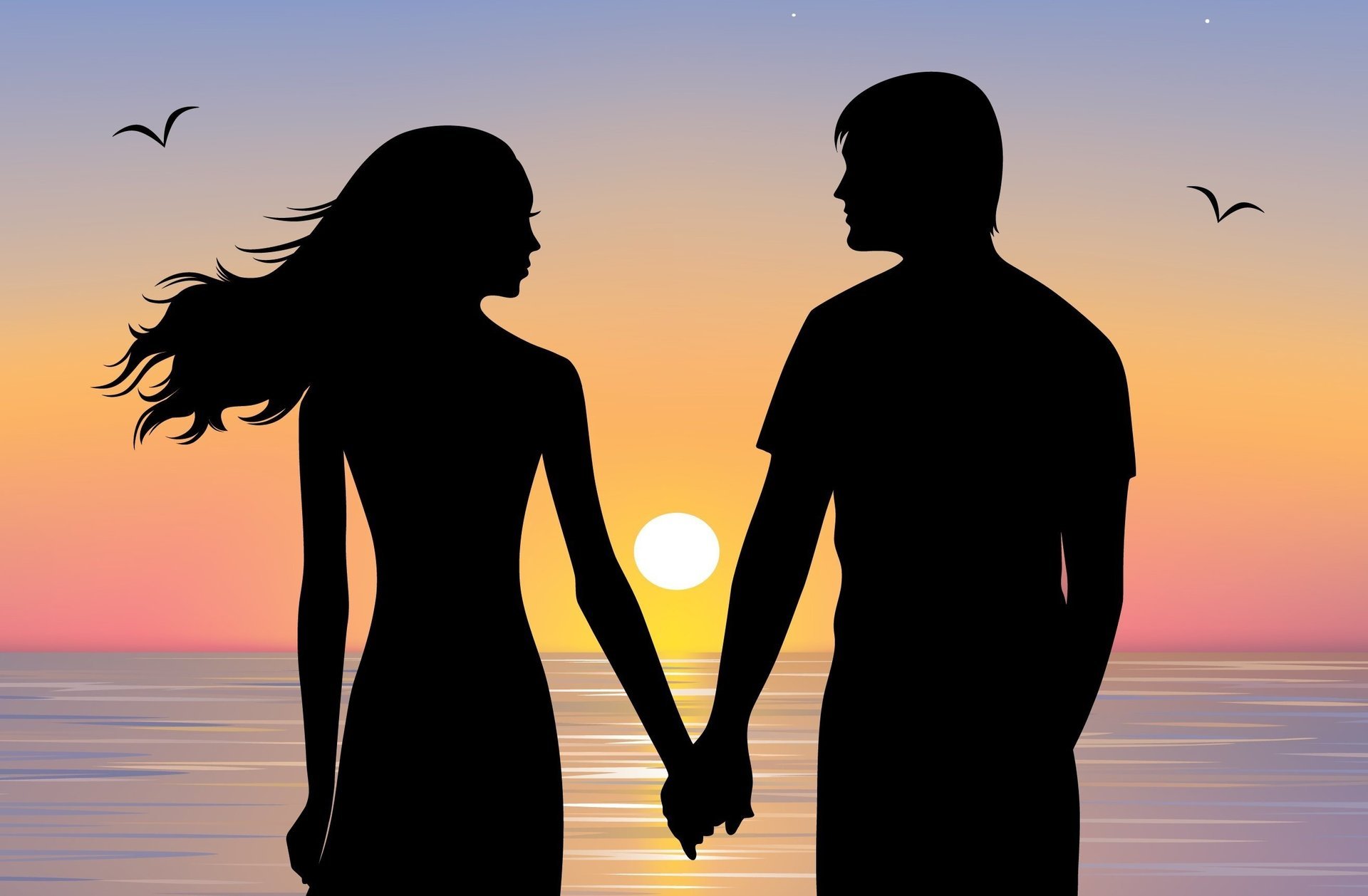 girl silhouette guy love hands a couple pair