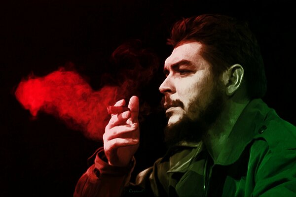 Ernesto Guevara fume une cigarette et regarde au loin