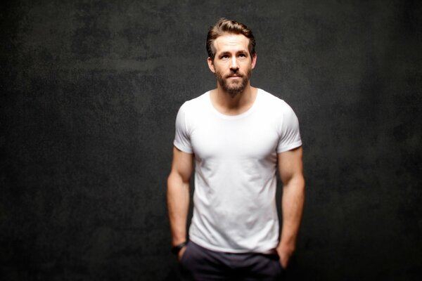 Séance photo de Ryan Reynolds sur fond Thein