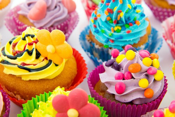 Colorful cupcakes with a variety of decorations