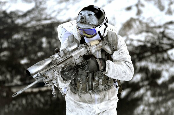 White-gray image of a soldier walking in winter