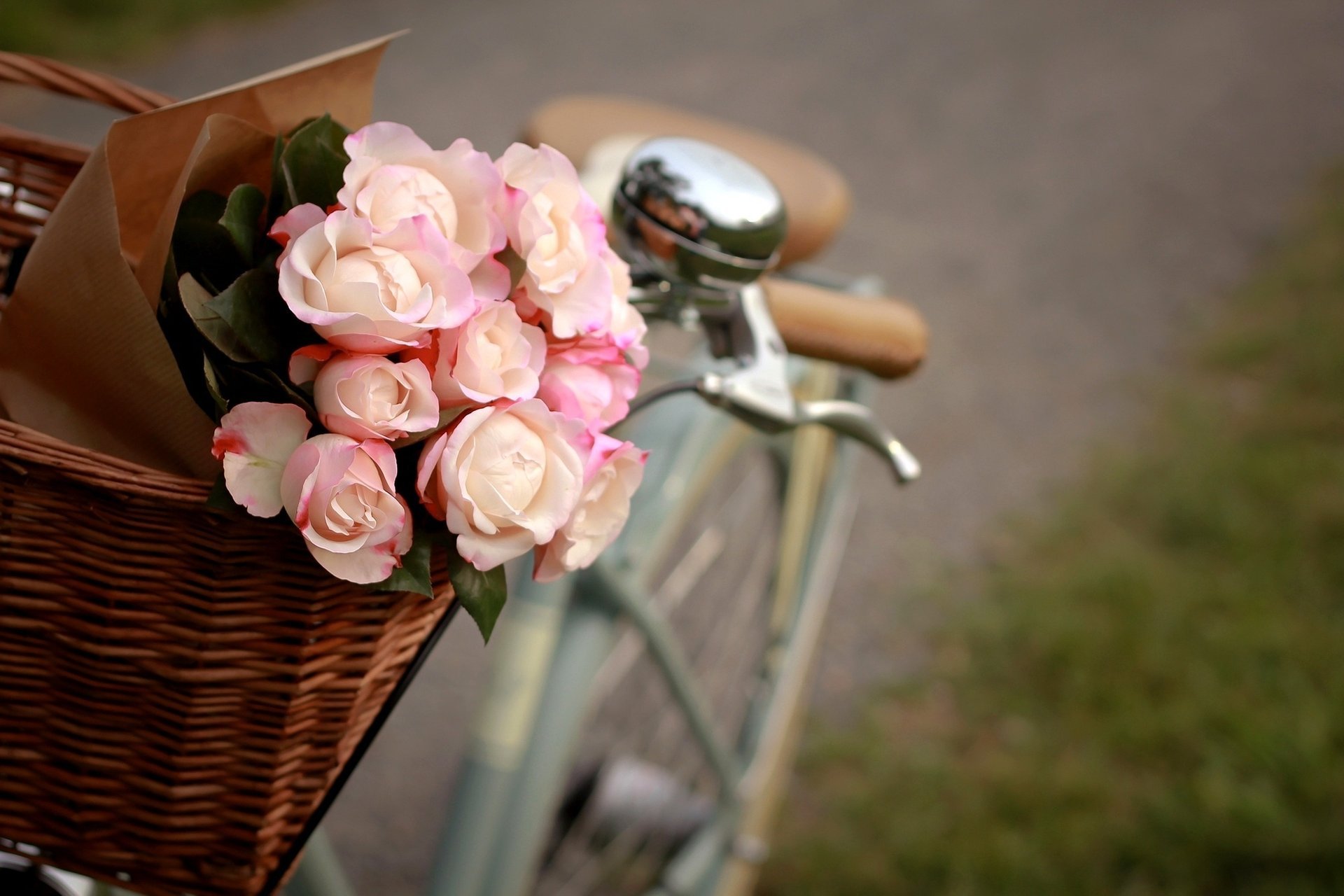 fiori rose cestino rosa pacchetto bianco bicicletta