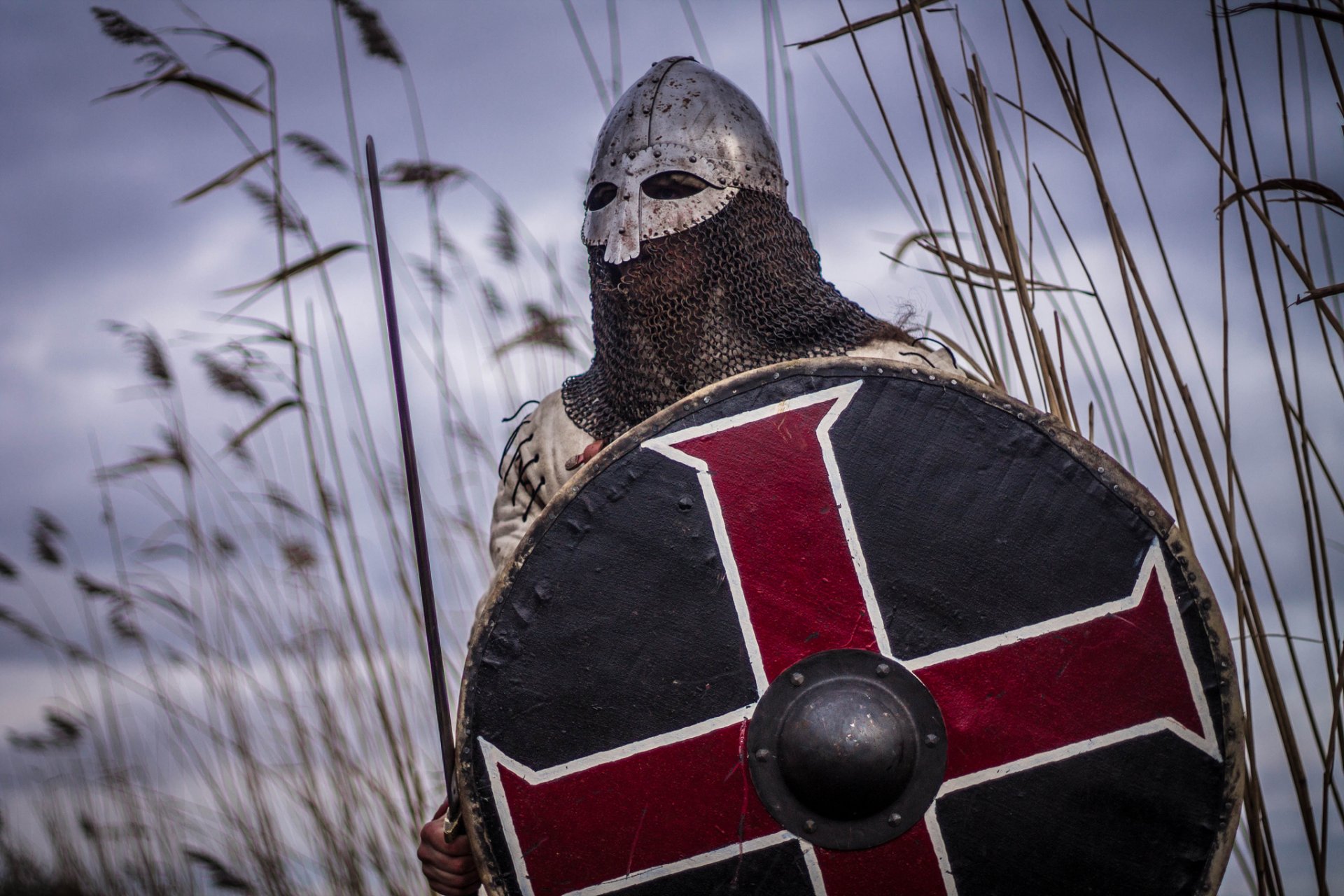 vikingo guerrero casco cota de malla espada escudo